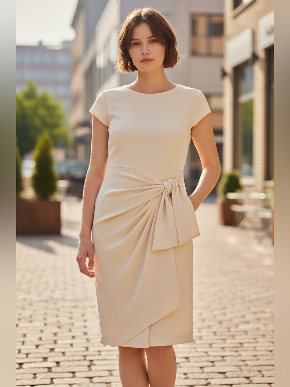 Donna Morgan Cream Cap-Sleeve Side Knot Waist Midi Dress